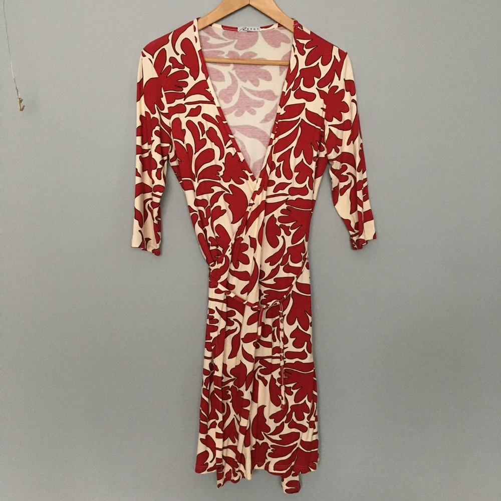 Red and beige floral wrap dress